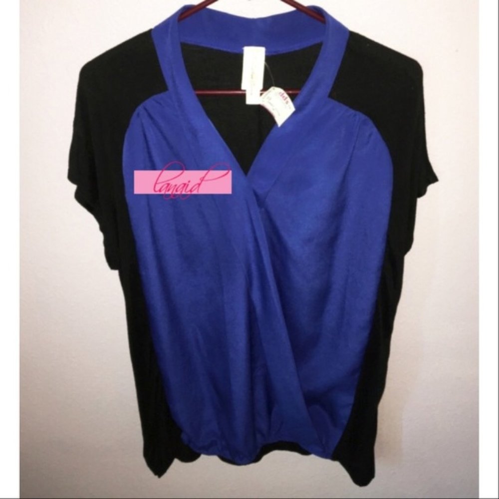 Blue Black Surplice V-Neck Drape Wrap V-Neck Colorblock Flowy Criss-Cross Blouse